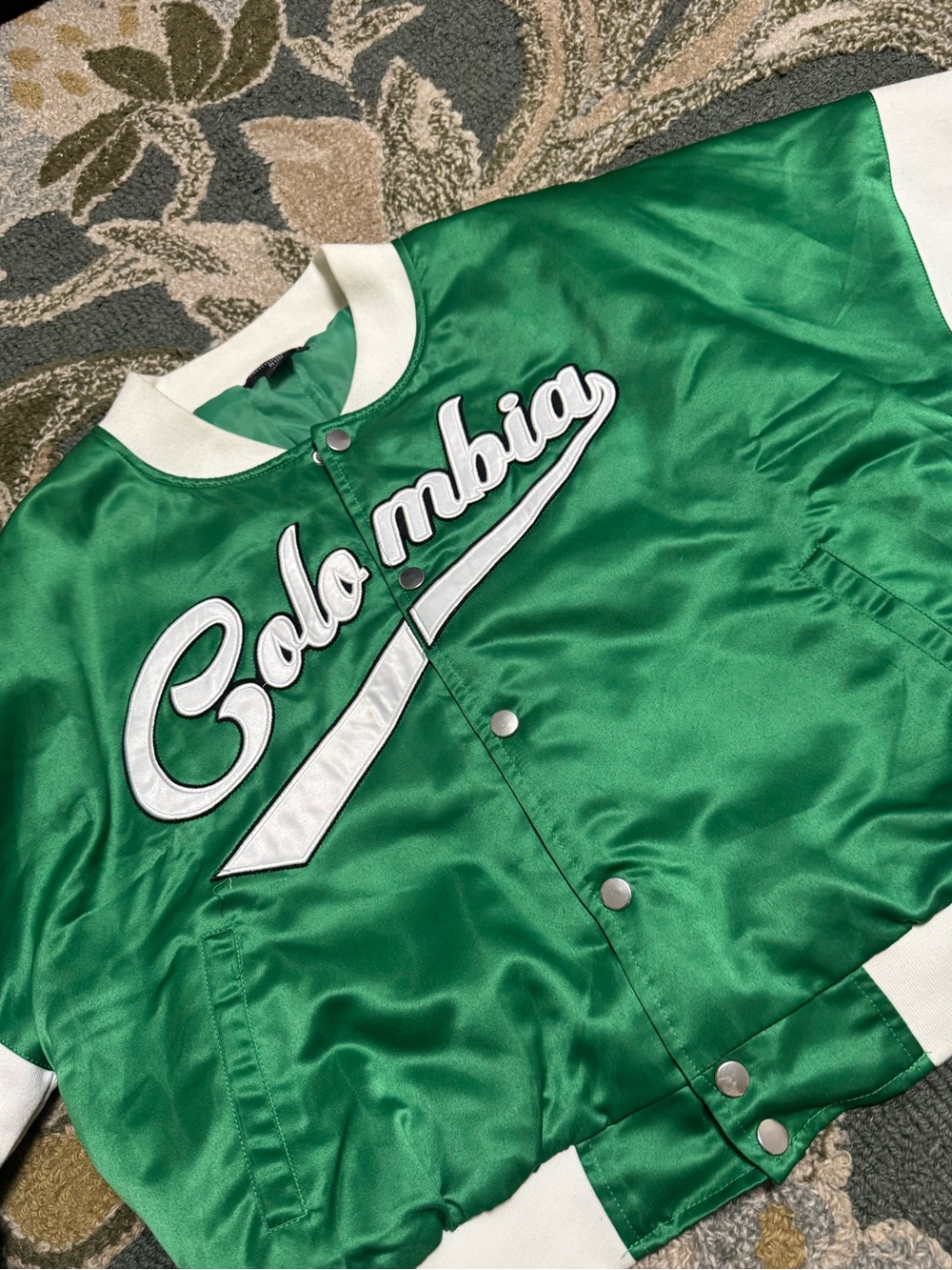 PrettyLittleThing Green and White Satin Varsity Jacket